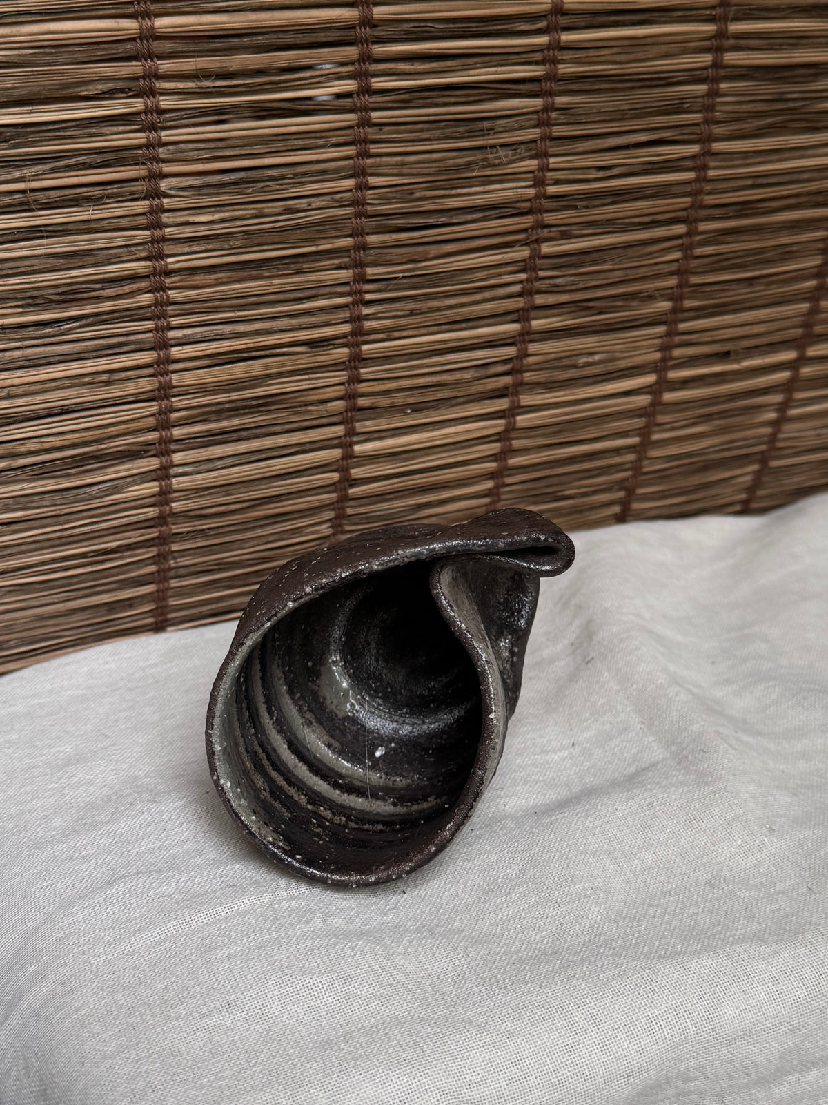 Shigaraki-Yaki Wood-Fired Yunomi Cup, Wave-Cut Rim, Natural Ash Glaze