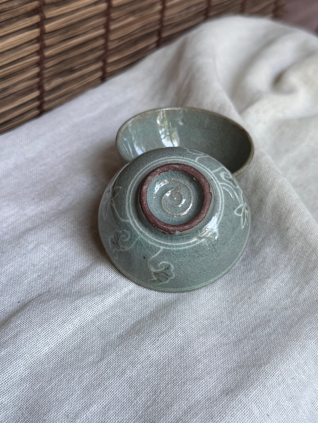 Celadon Sake Cups, Pair — Carved Scrollwork, Crackle Glaze
