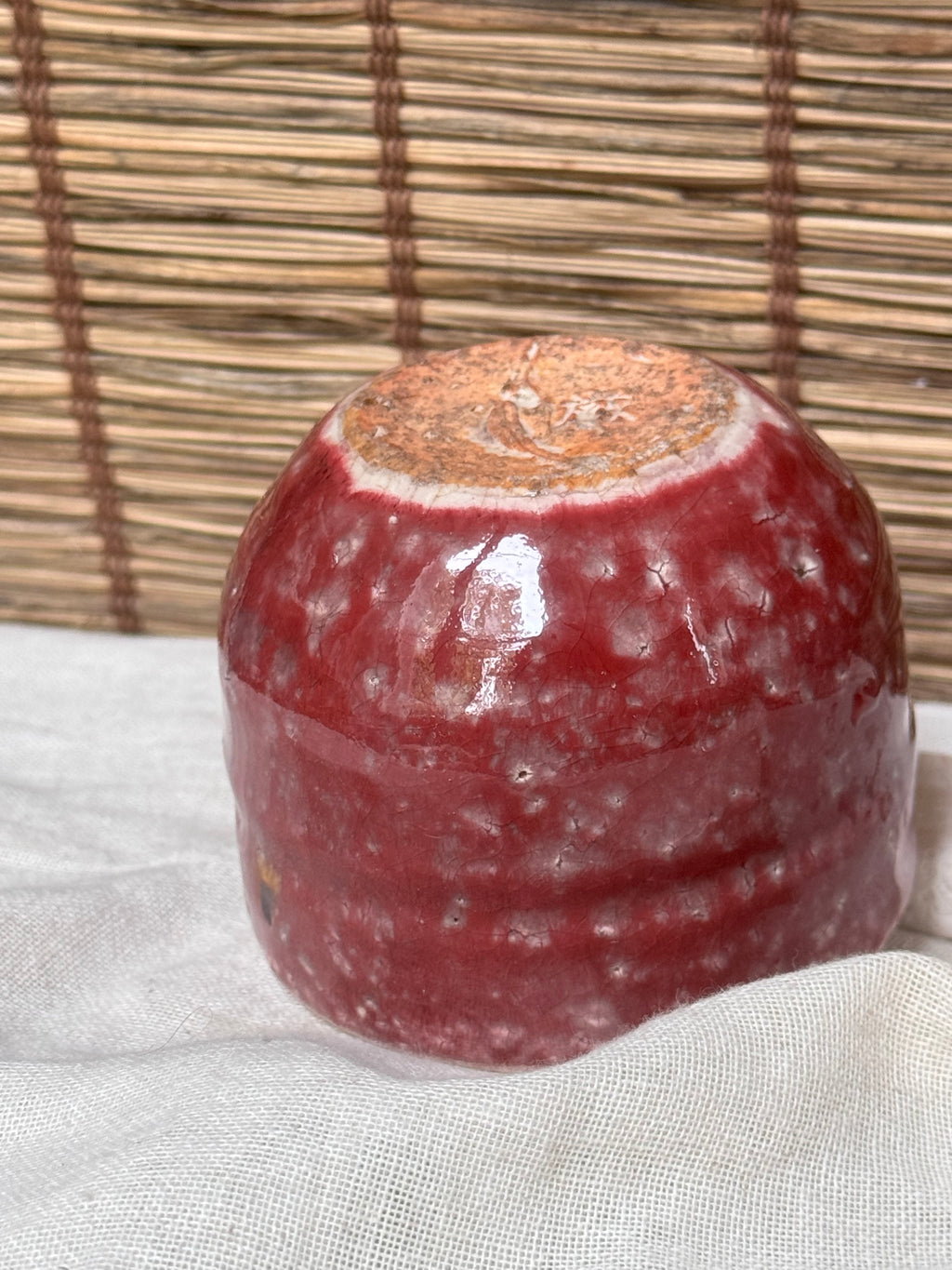 Copper-Red Glazed Studio Mug — Oxblood Drip Glaze, Crackle Interior