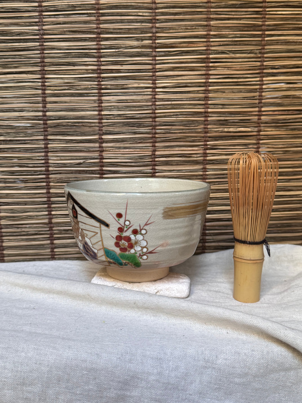 Kyoto Ware Zodiac Tea Bowl (Eto Chawan), Year of the Monkey — Monkey on an Ema with Pine, Bamboo and Plum
