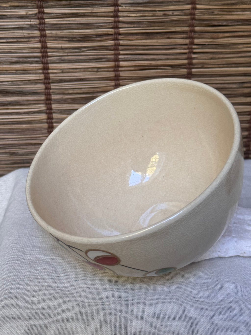 Kyoto Ware Matcha Bowl (Chawan) — New Year Mayudama & Uguisu-bue Motif, Iro-e Enamels