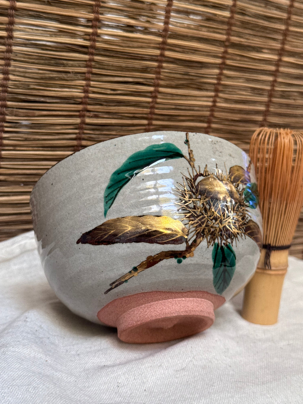 Somayama Ware Matcha Chawan by Minamiguchi Kansui — Kenzan-Style Chestnut Design, Original Box
