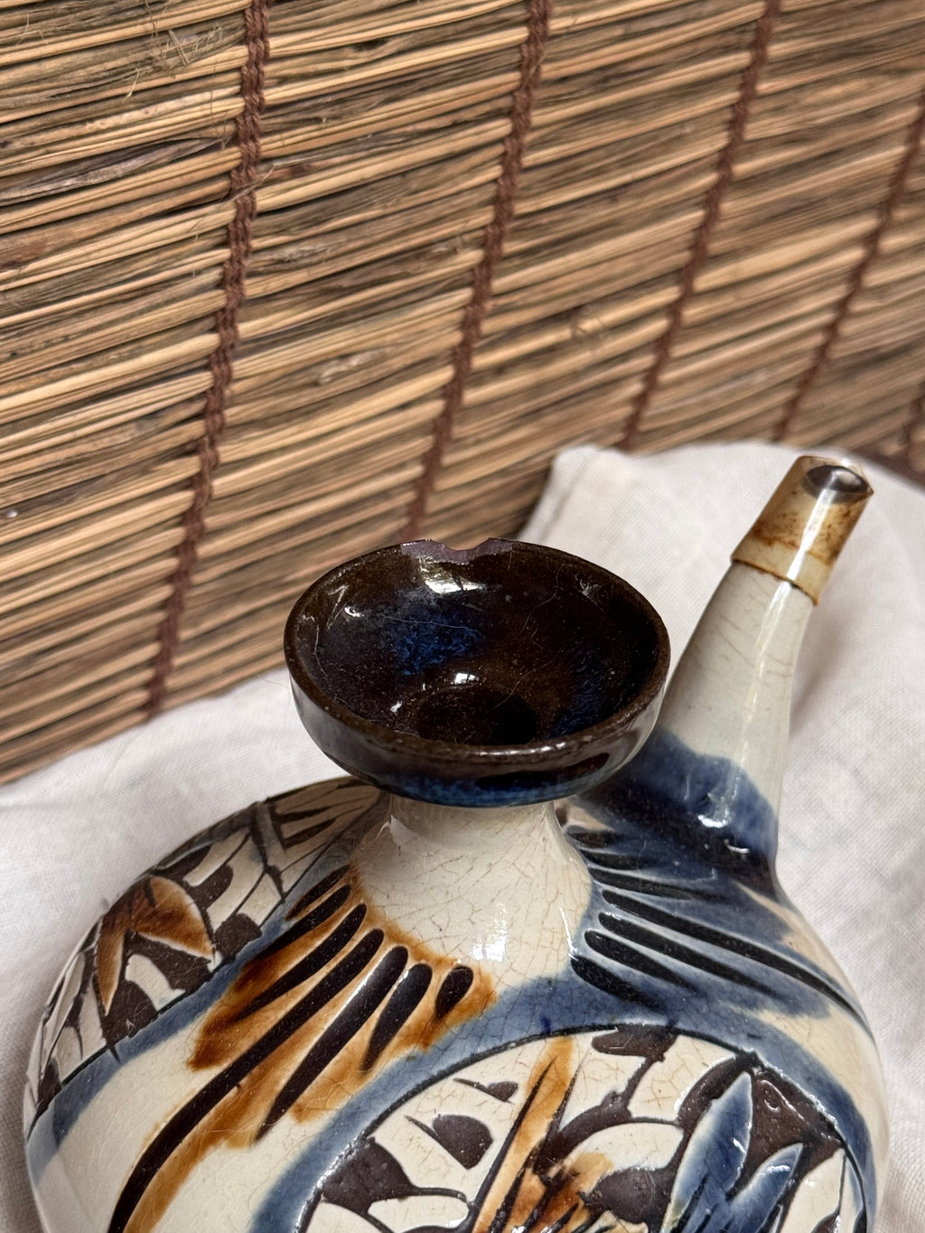 Tsuboya-yaki Hand-Painted Fish Motif Sake Flask