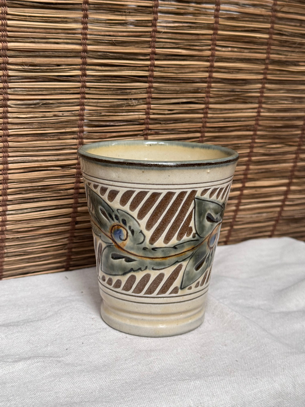 Tsuboya-Yaki Okinawan Pottery Mugs, Hand-Carved Leaf Design