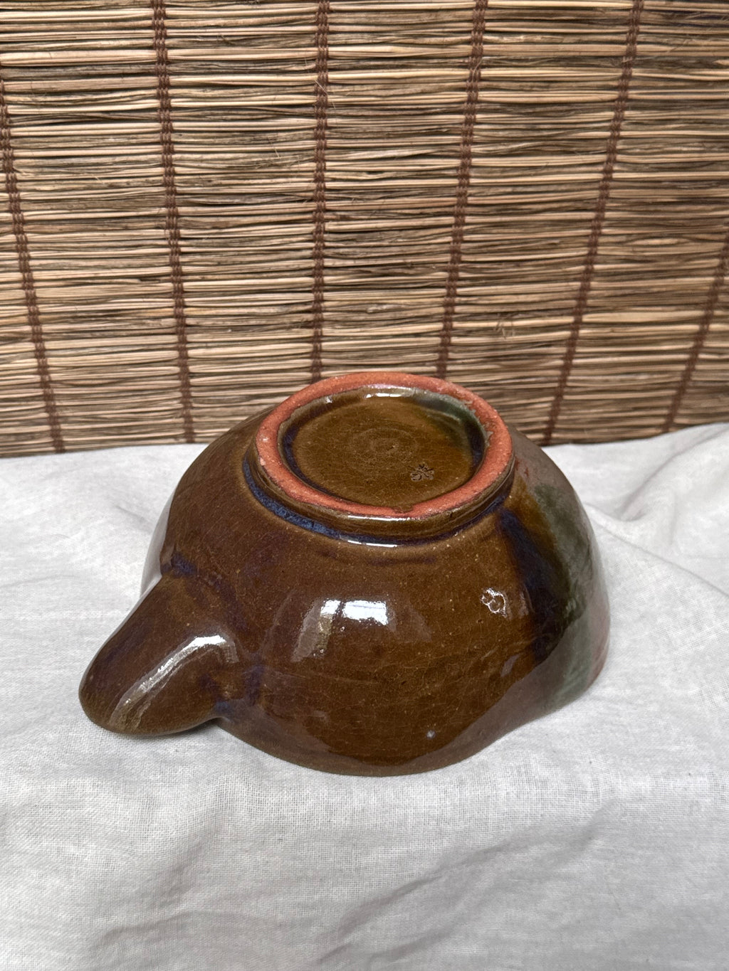 Katakuchi Matcha Bowl — Amber and Green Split Glaze, Blue Opalescence, Impressed Seal