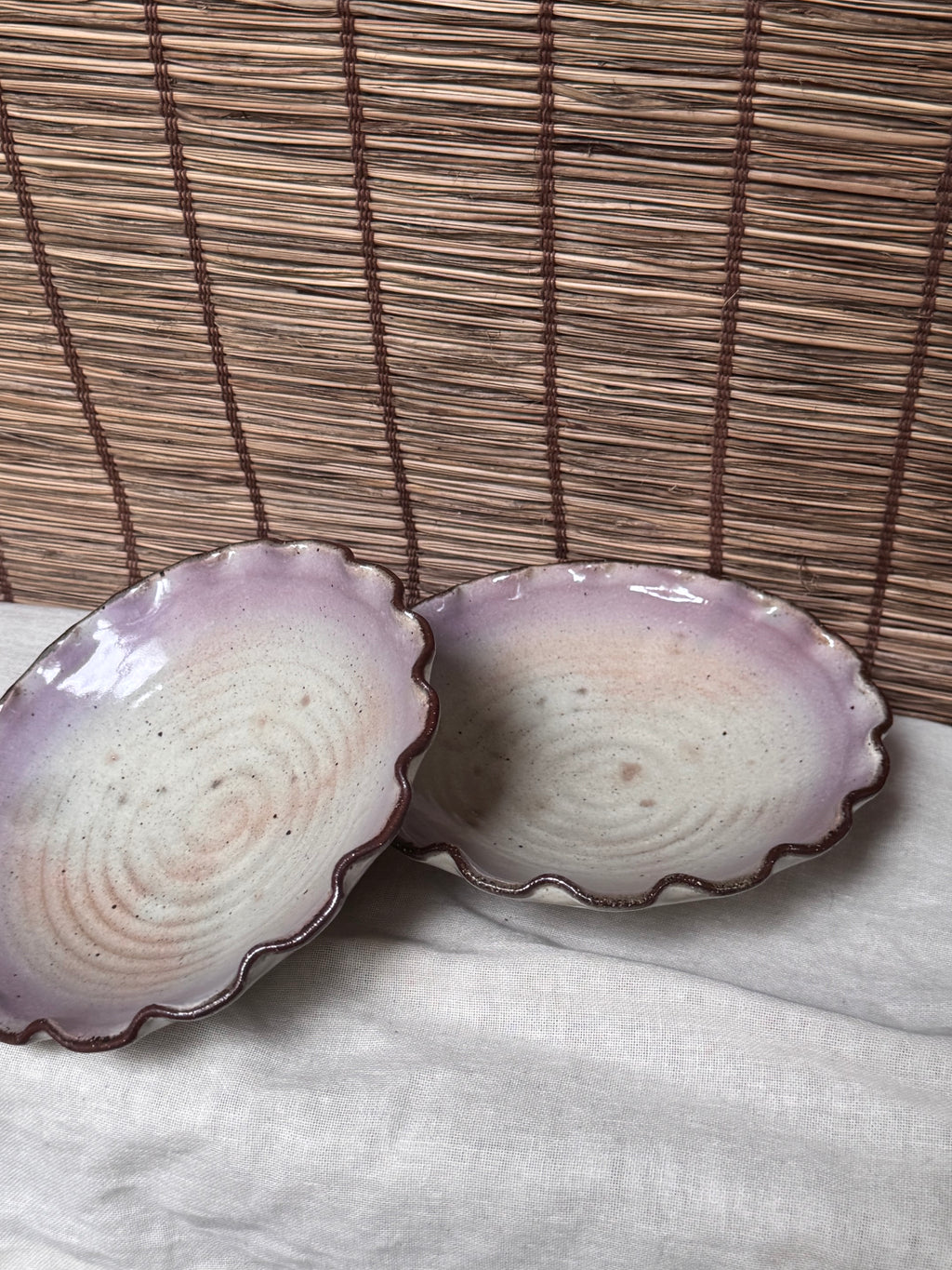 Lavender-Rimmed Scalloped Dishes, Pair — Spiral Throwing Rings, Iron-Brown Wave Edge