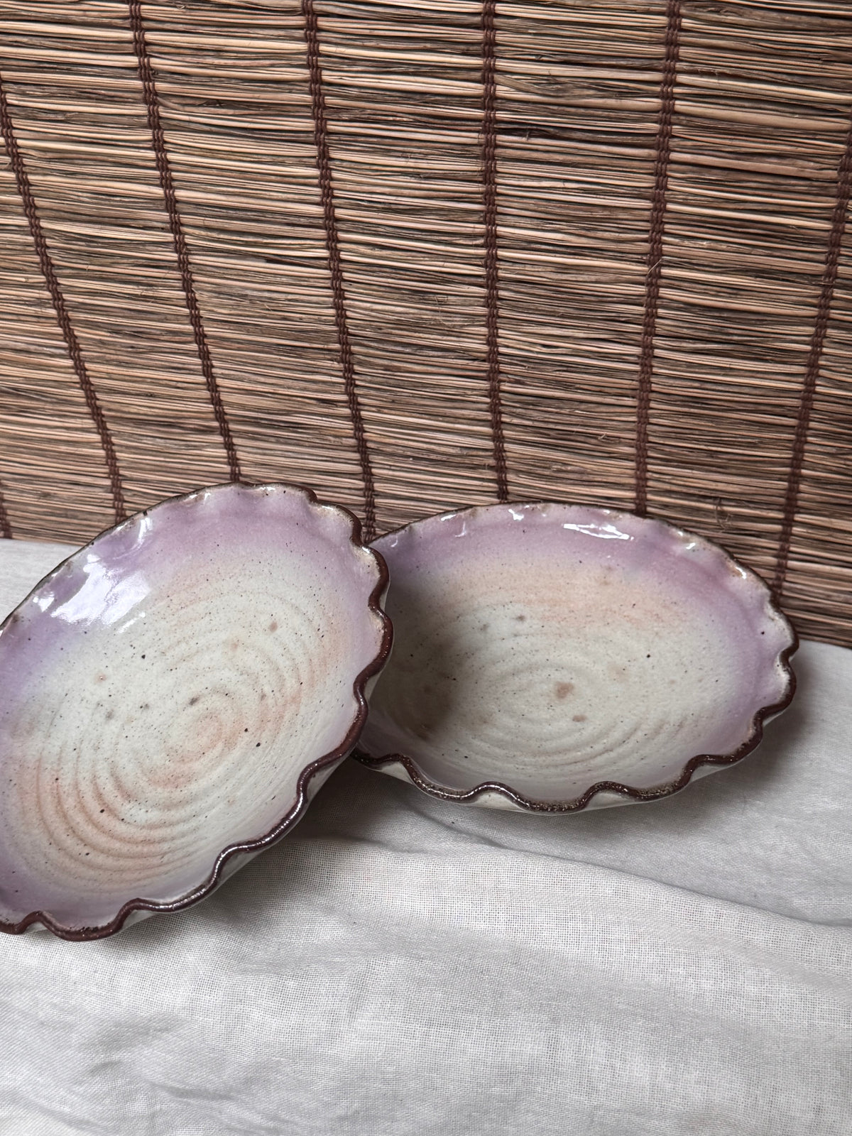 Lavender-Rimmed Scalloped Dishes, Pair — Spiral Throwing Rings, Iron-Brown Wave Edge