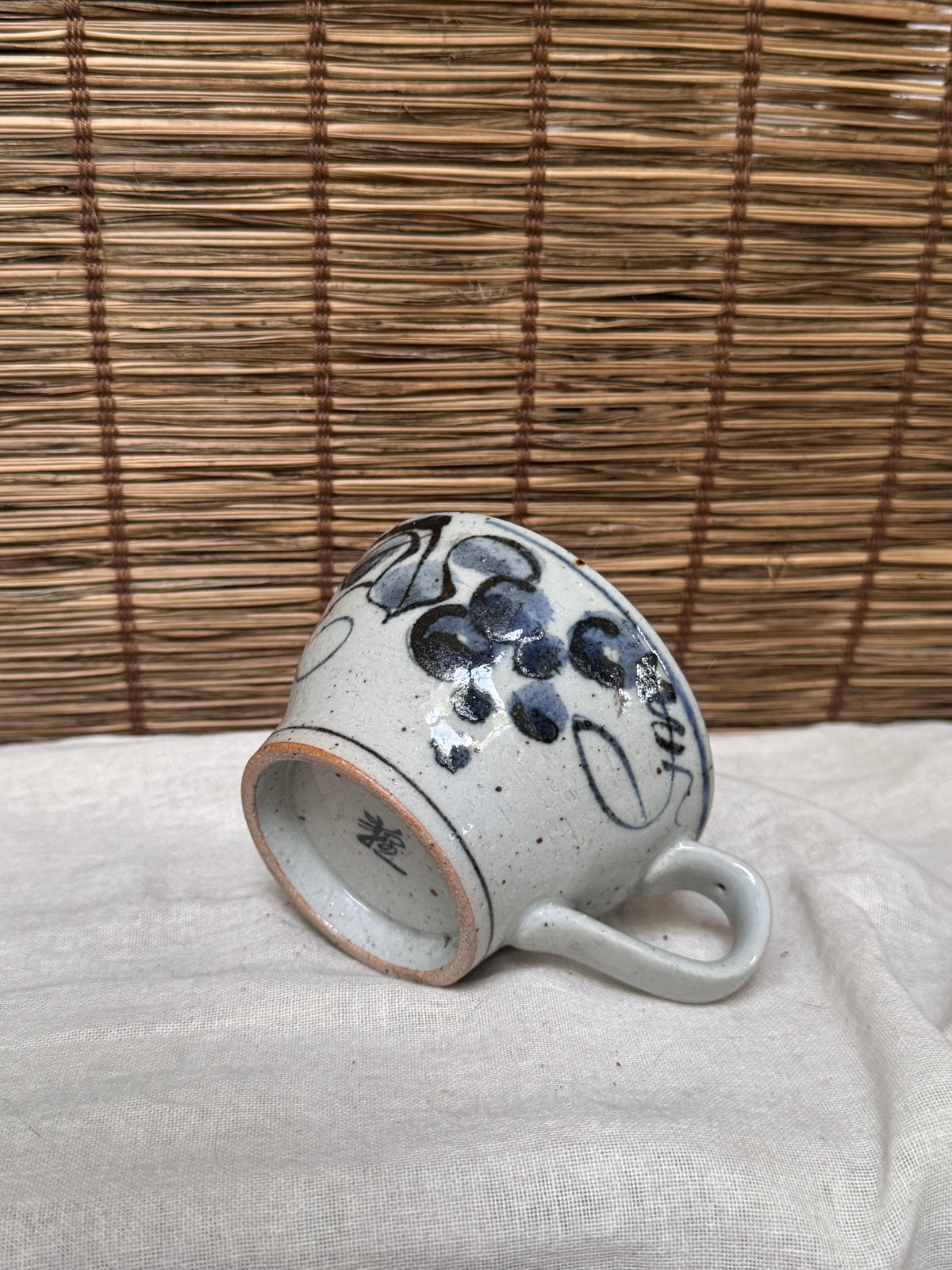 Japanese Hand-Painted Grape Vine Mug, Cobalt & Iron-Brown.