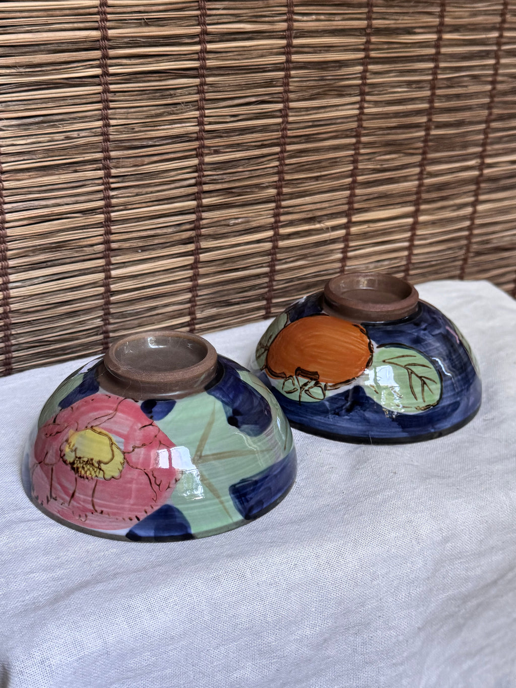 Mino-yaki Rice Bowls, Set of 2 — Hand-Painted Peony & Persimmon Motifs, Swirled Grey Glaze