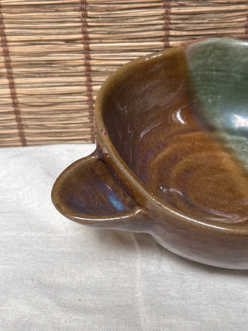 Katakuchi Matcha Bowl — Amber and Green Split Glaze, Blue Opalescence, Impressed Seal