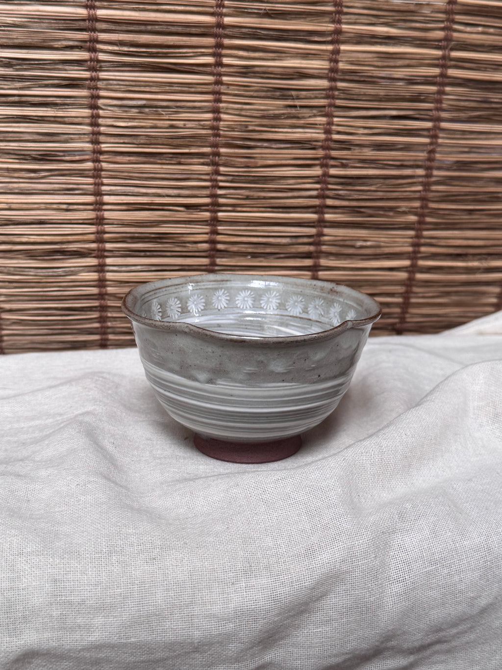 Mishima Stoneware Cup — Stamped Chrysanthemum Border, Spiral Combed Interior, Seal-Marked Base