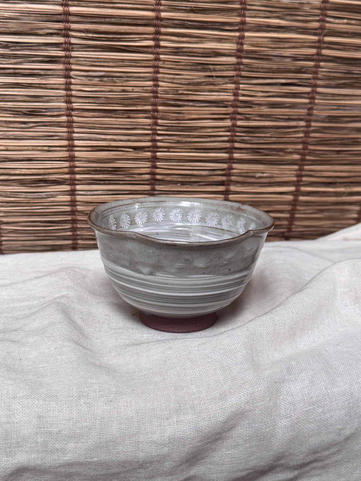 Mishima Stoneware Cup — Stamped Chrysanthemum Border, Spiral Combed Interior, Seal-Marked Base