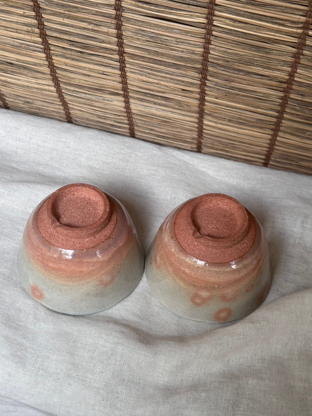 Hagi-Style Yunomi Tea Cups, Pair — Grey Ash Glaze with Iron-Spot