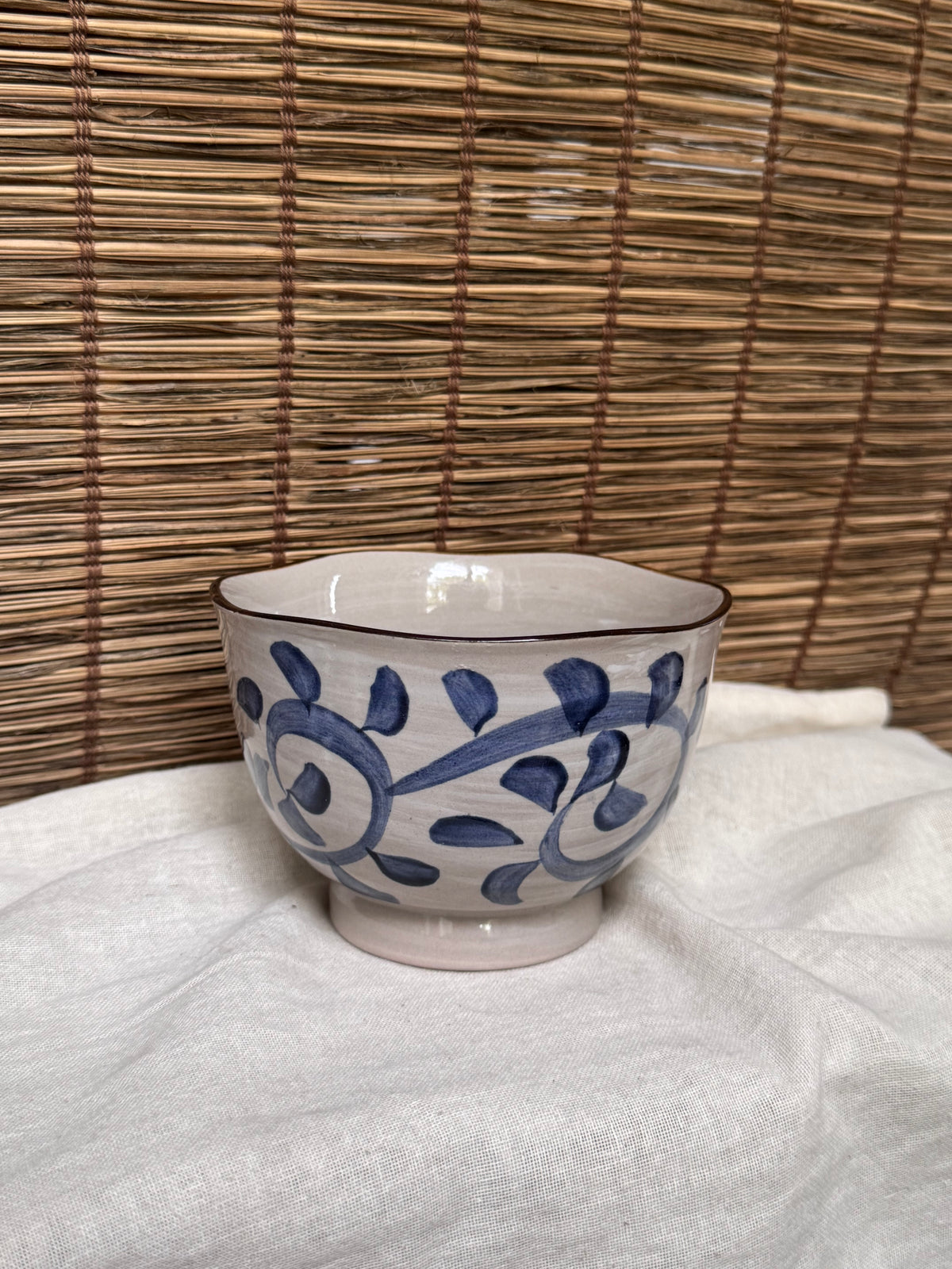Akari Medium Bowl — Hand-Painted Blue Floral Pattern, Scalloped Rim