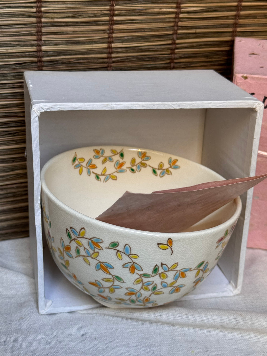 Kyoto Ware Matcha Bowl (Chawan) — Rainbow Leaf Scrolls, Gold Outlines, Signed, with Box