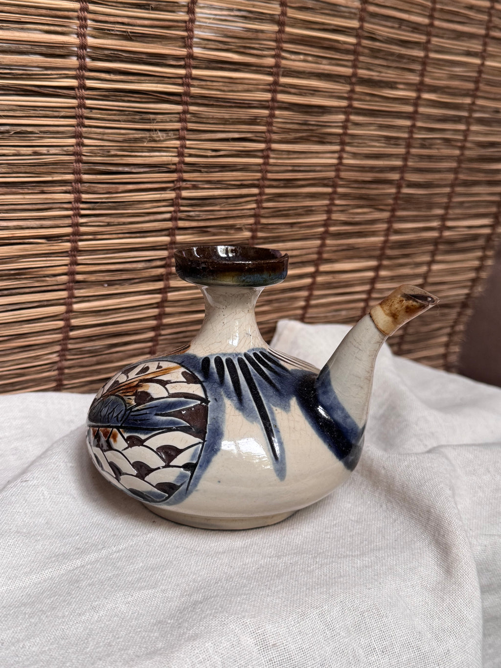 Tsuboya-yaki Hand-Painted Fish Motif Sake Flask