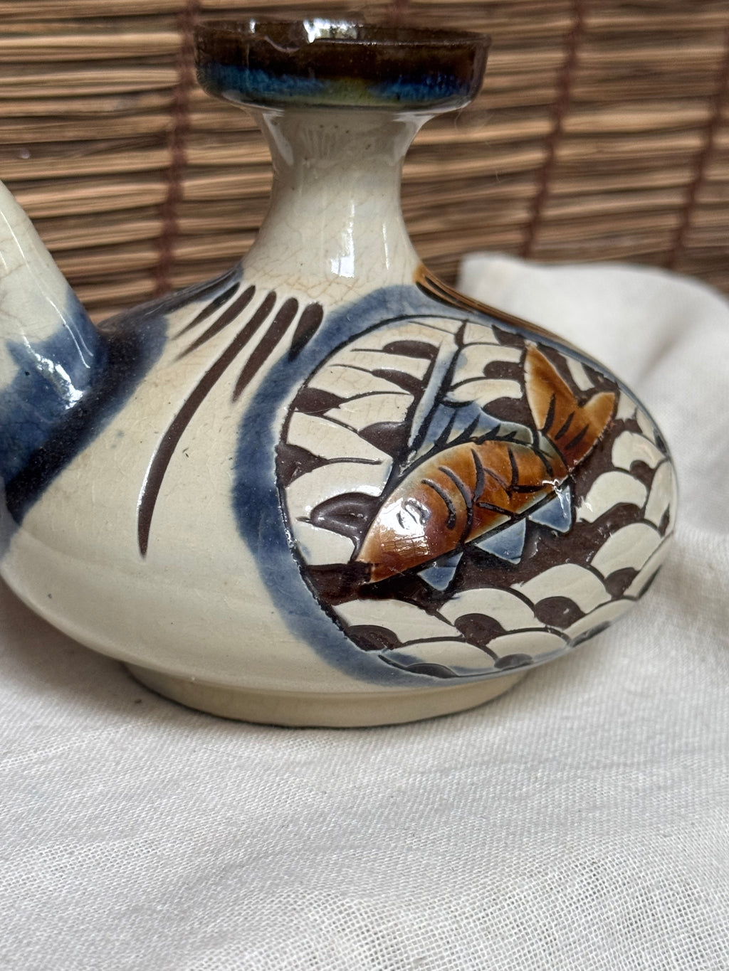 Tsuboya-yaki Hand-Painted Fish Motif Sake Flask
