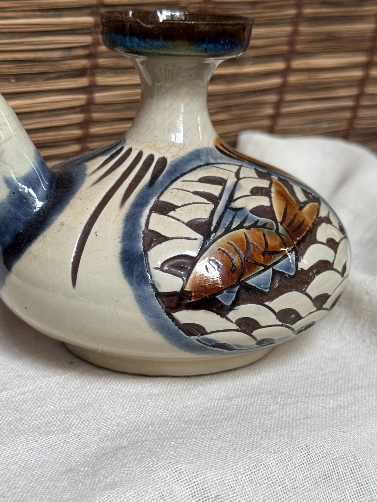 Tsuboya-yaki Hand-Painted Fish Motif Sake Flask