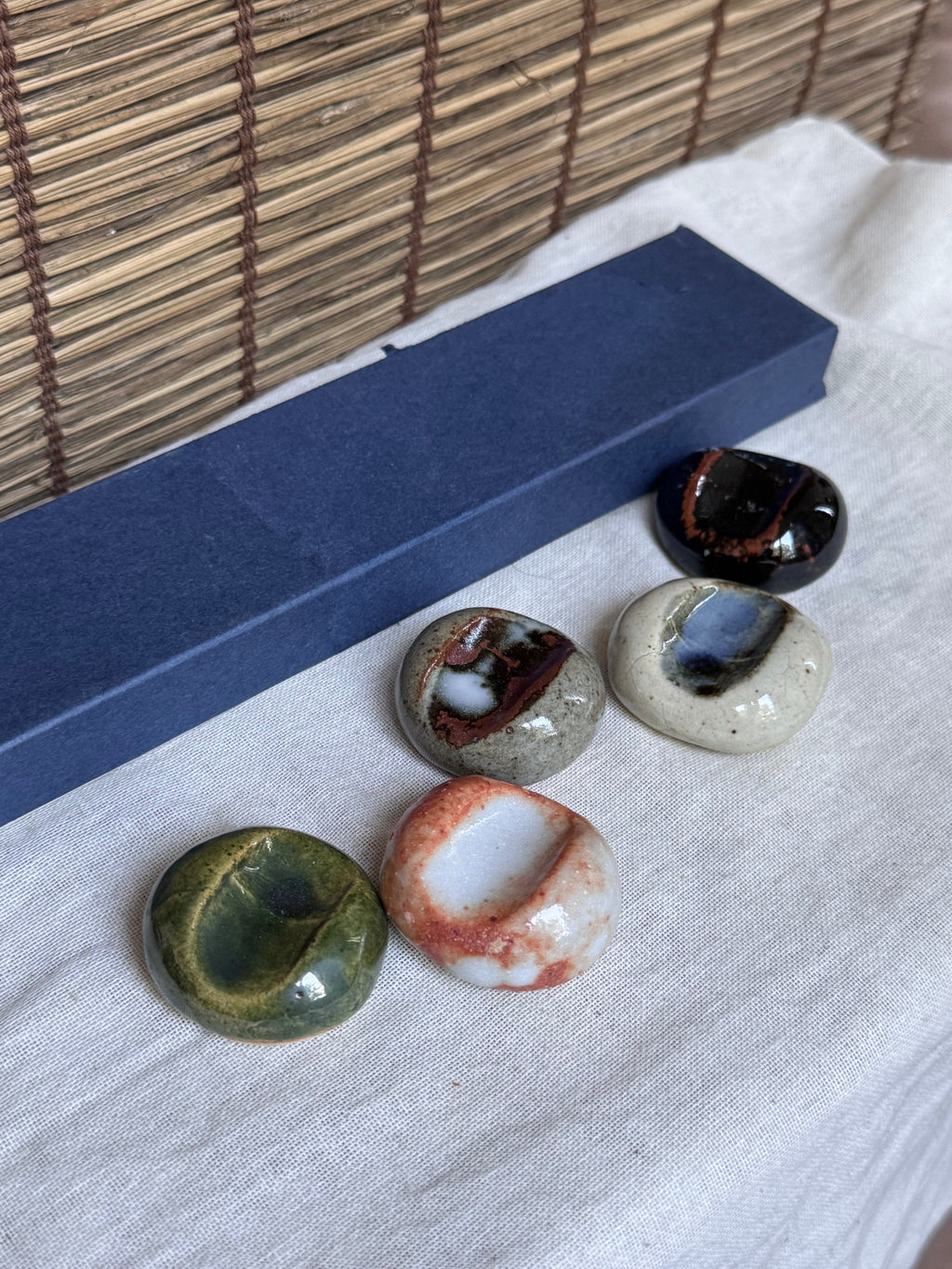 Five Elements ("Godai") Ceramic Chopstick Rests, Boxed Set of 5 — Earth, Water, Fire, Wind, Void