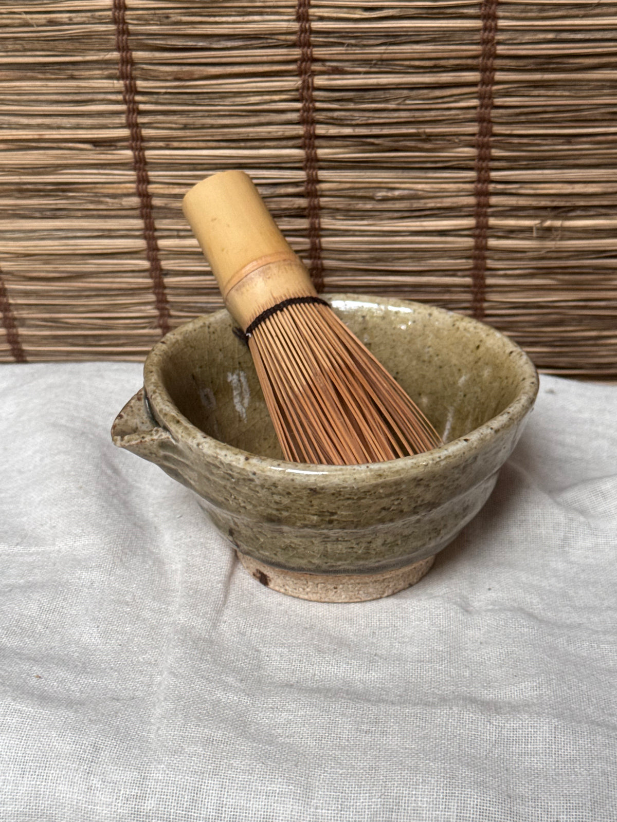 Mini Katakuchi Matcha Bowl — Olive Ash-Type Glaze, Crackle, Spiral Well