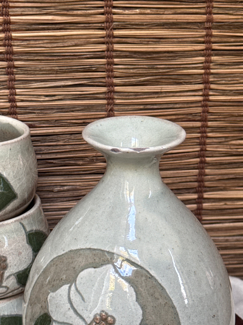 Mino Yaki Celadon Sake Set with Hand-Painted Camellia, Bottle & 6 Cups