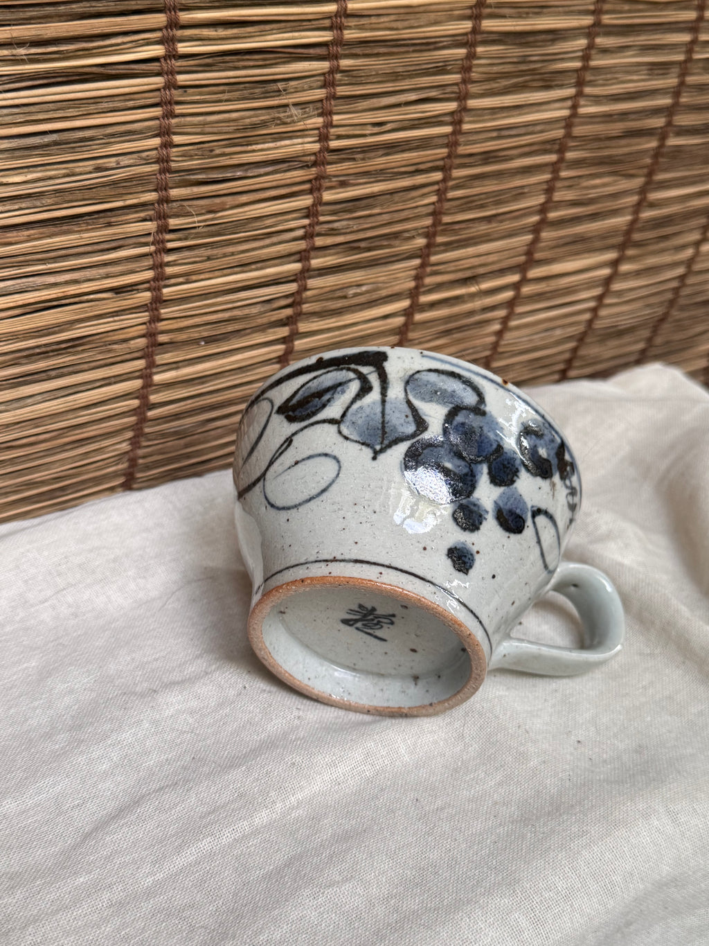 Japanese Hand-Painted Grape Vine Mug, Cobalt & Iron-Brown.