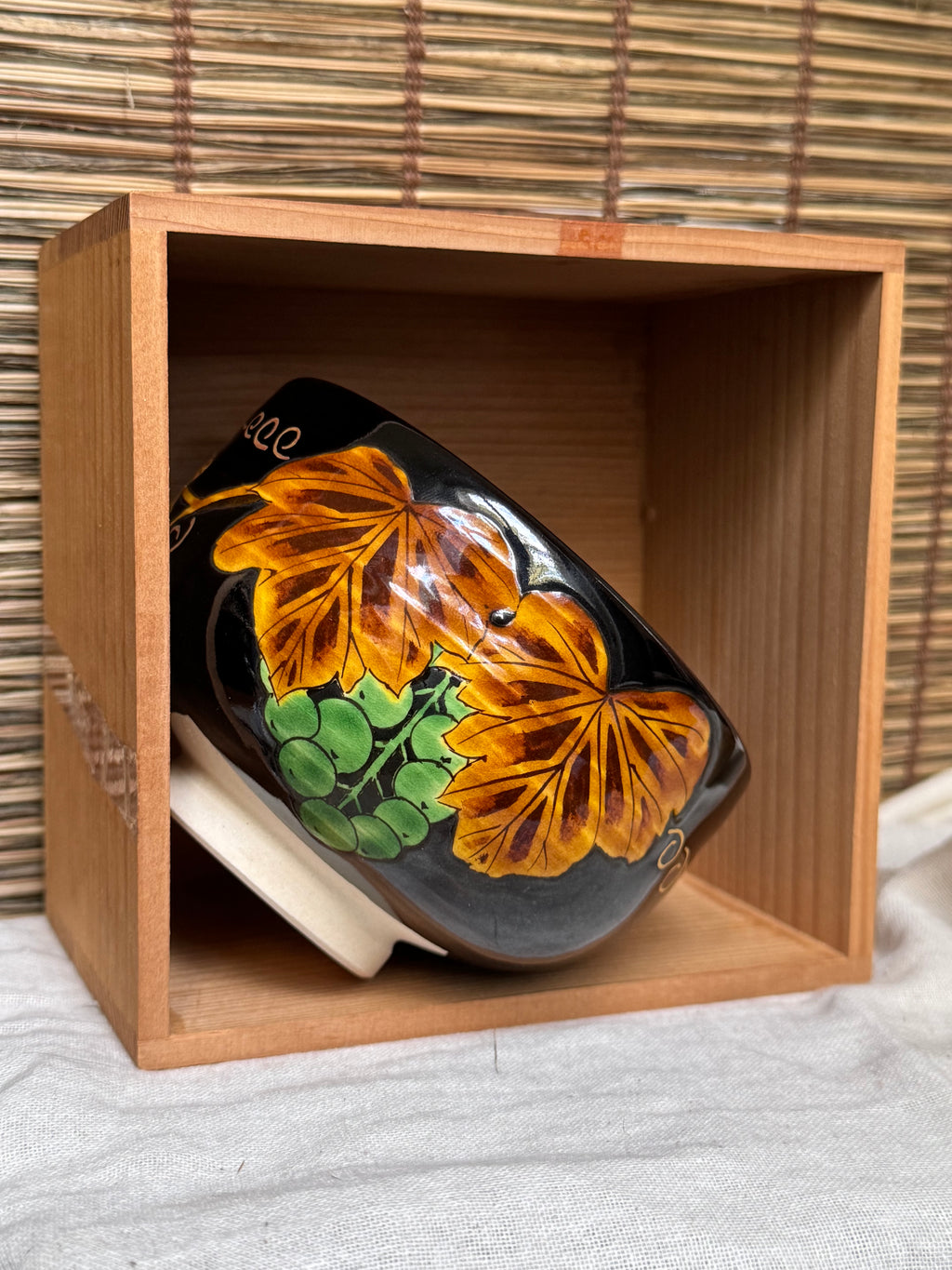 Kuro-Ninsei Chawan — Grapevine Motif, Kyoto Ware, Wooden Box