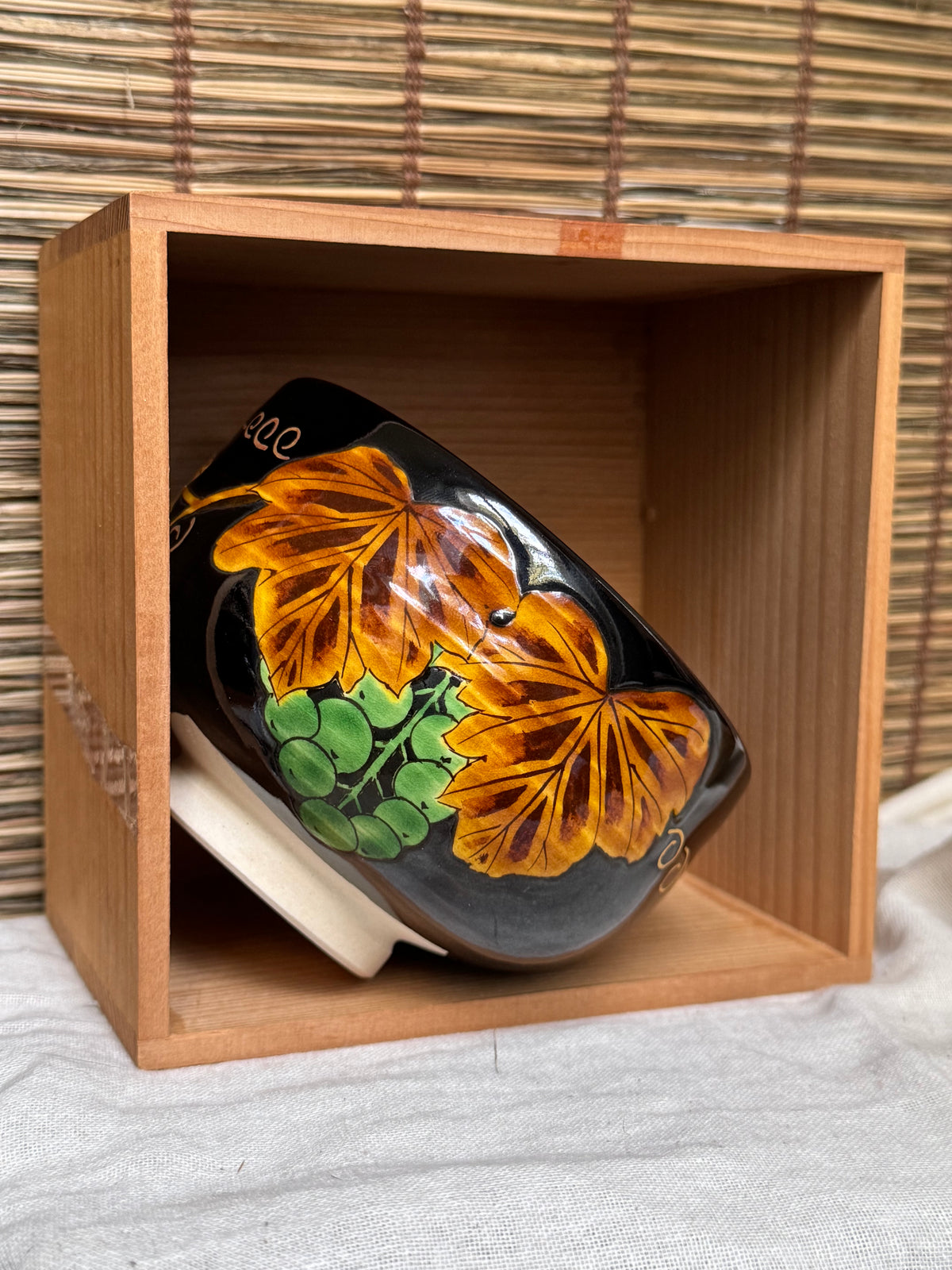 Kuro-Ninsei Chawan — Grapevine Motif, Kyoto Ware, Wooden Box