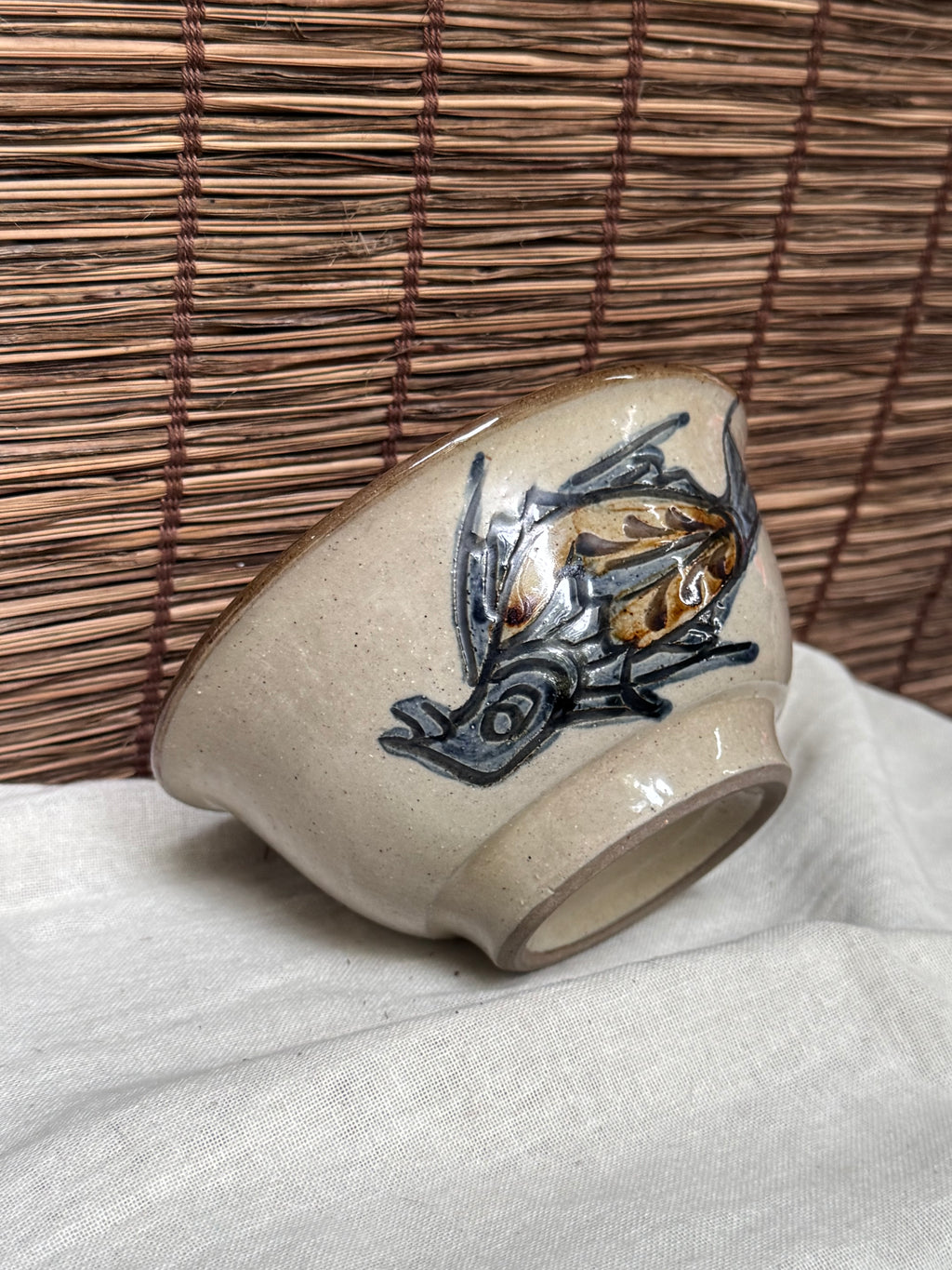 Tsuboya Ryukyu Chawan - Hand-Painted Fish Motif Tea Bowl, Okinawan Pottery