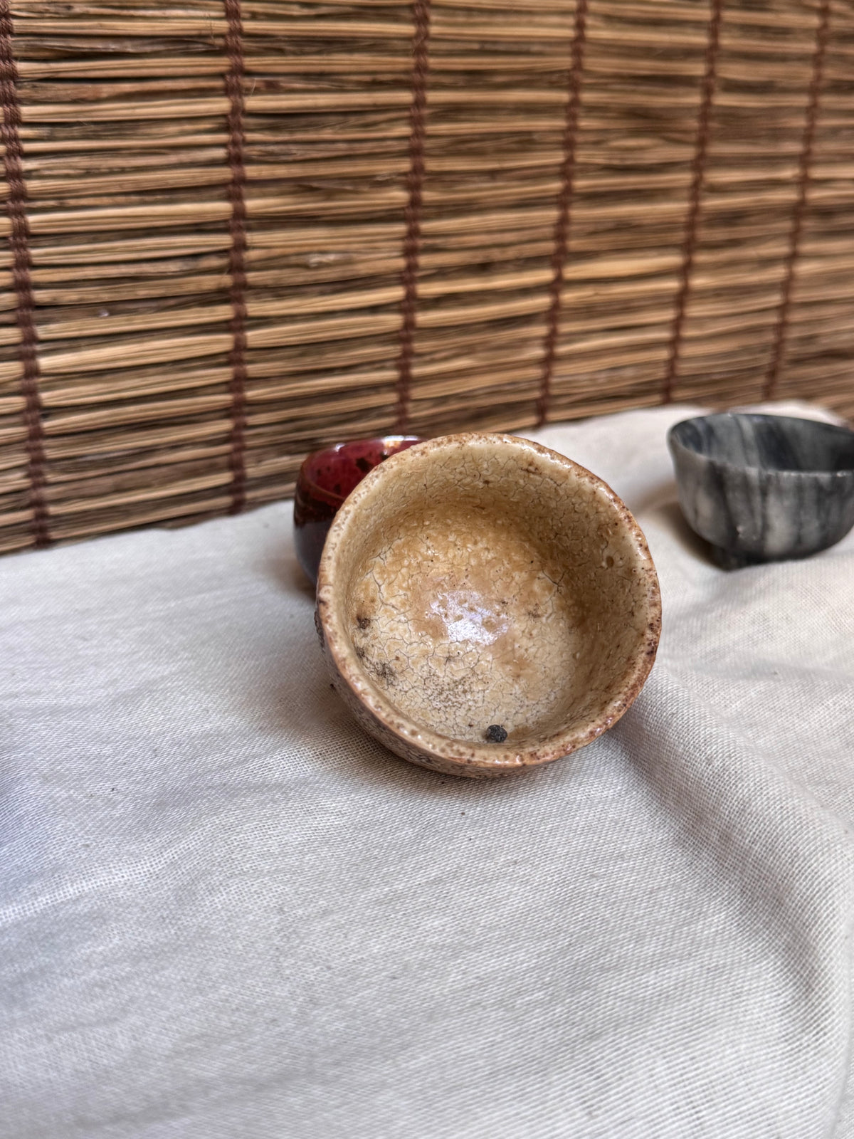 Four Mismatched Guinomi Sake Cups — Cobalt Blue, Crackled Ivory, Marbled Grey, Oxblood Speckle
