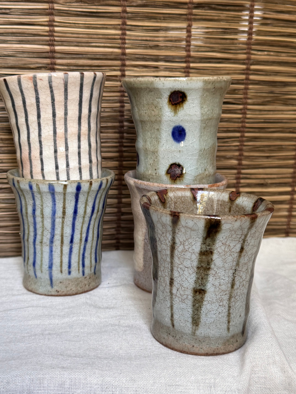 Multi Cups by K. Chikazawa — Boxed Set of 5 Hand-Thrown Yunomi, Mismatched Glaze Designs