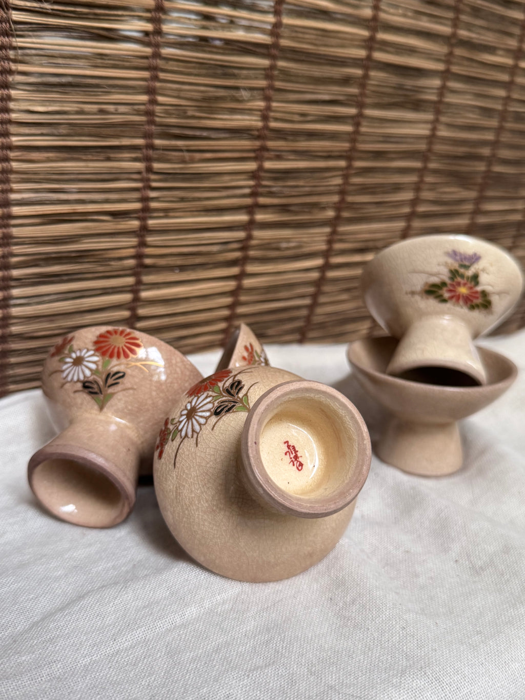 Kutani Ware Footed Sake Cups & Stands, Set of 5 — Hand-Painted Chrysanthemum, Crackle Glaze