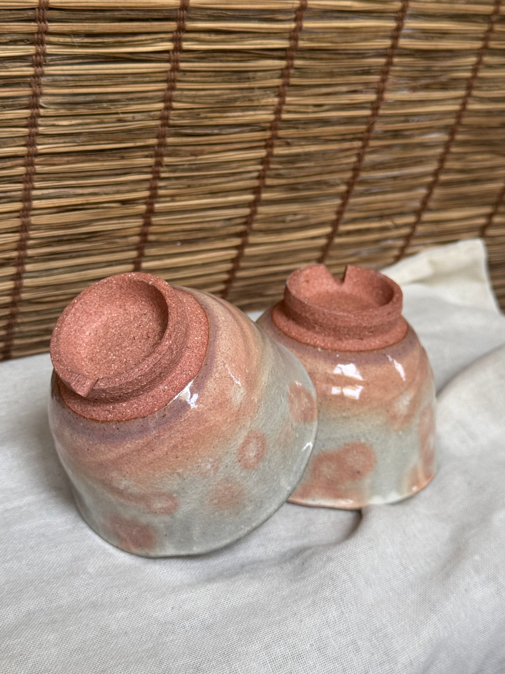 Hagi-Style Yunomi Tea Cups, Pair — Spouted Rim, Twisted Footring with Ash-Spots