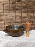 Katakuchi Matcha Bowl — Amber and Green Split Glaze, Blue Opalescence, Impressed Seal