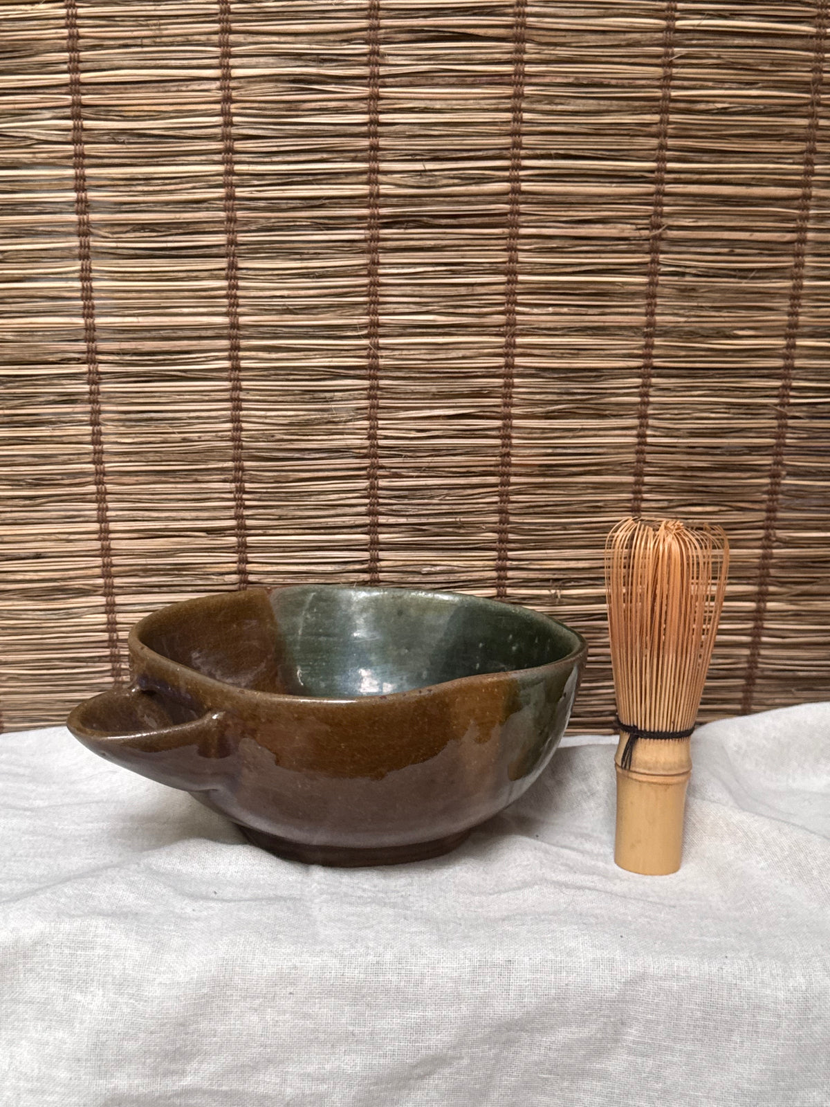 Katakuchi Matcha Bowl — Amber and Green Split Glaze, Blue Opalescence, Impressed Seal