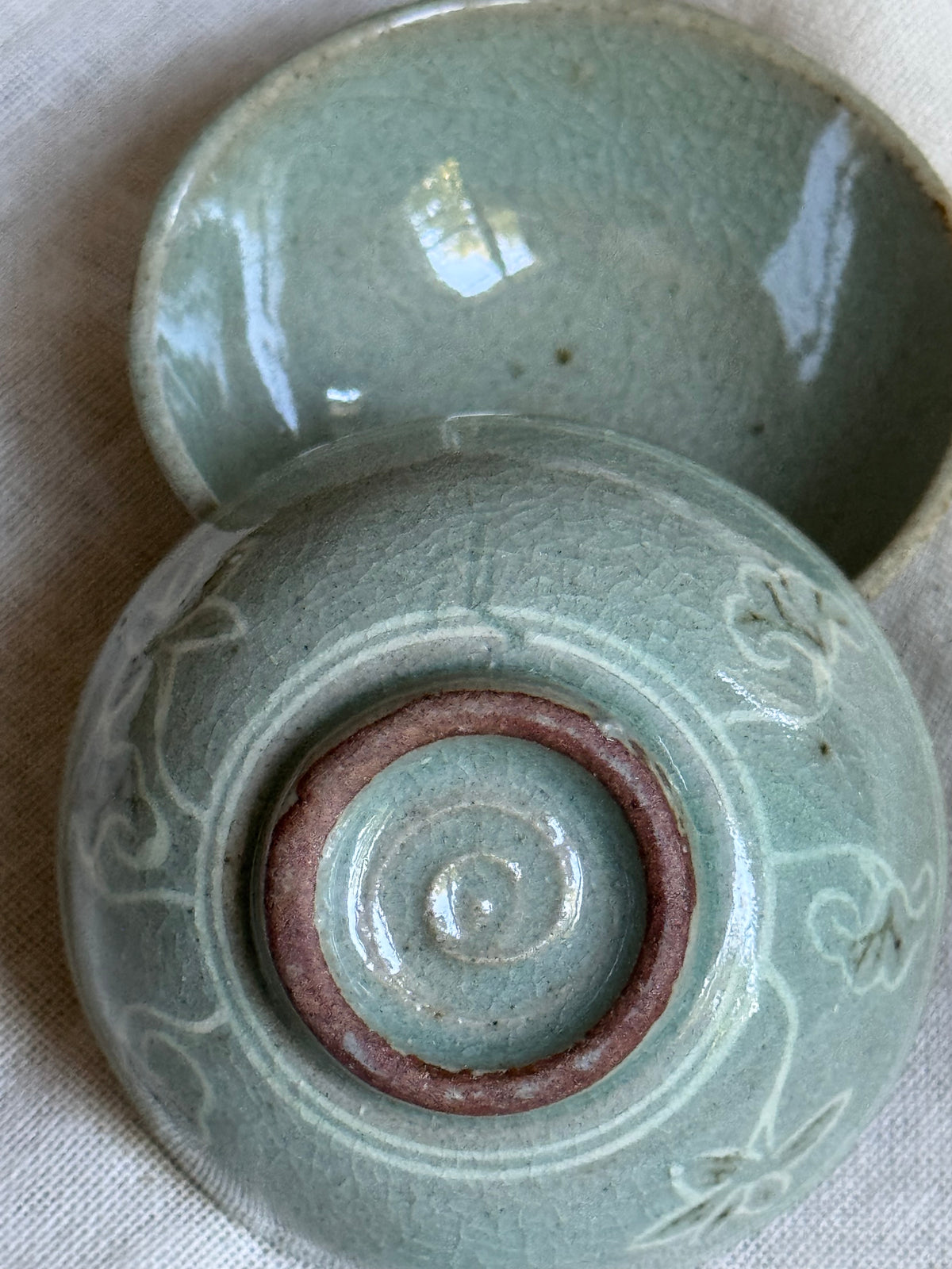 Celadon Sake Cups, Pair — Carved Scrollwork, Crackle Glaze