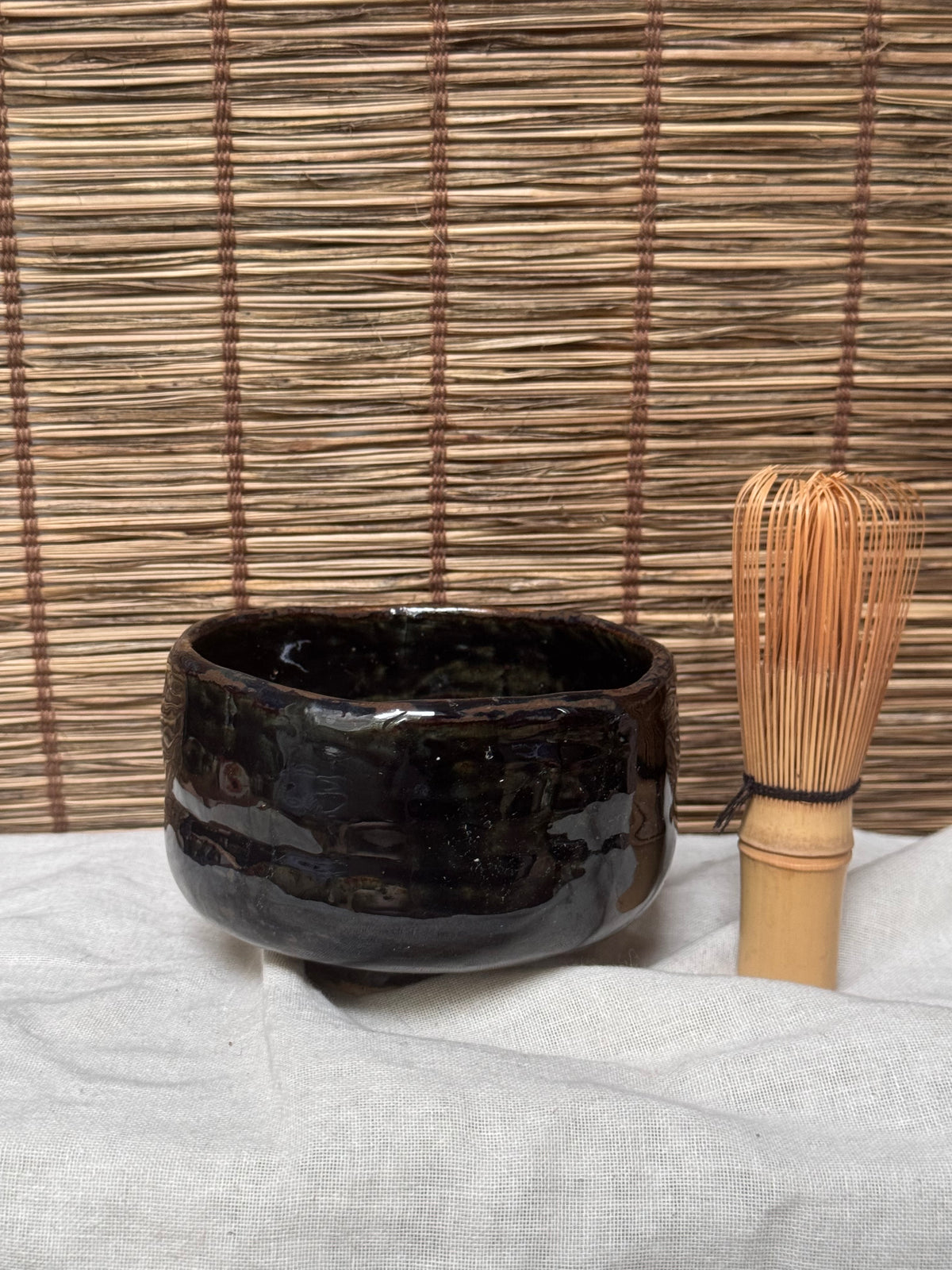 Black Glazed Matcha Chawan — Hand-Shaped Half-Cylinder Form, Glossy Iron Glaze