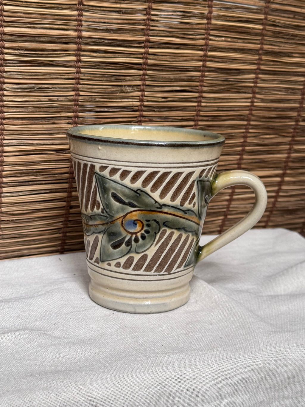 Tsuboya-Yaki Okinawan Pottery Mugs, Hand-Carved Leaf Design
