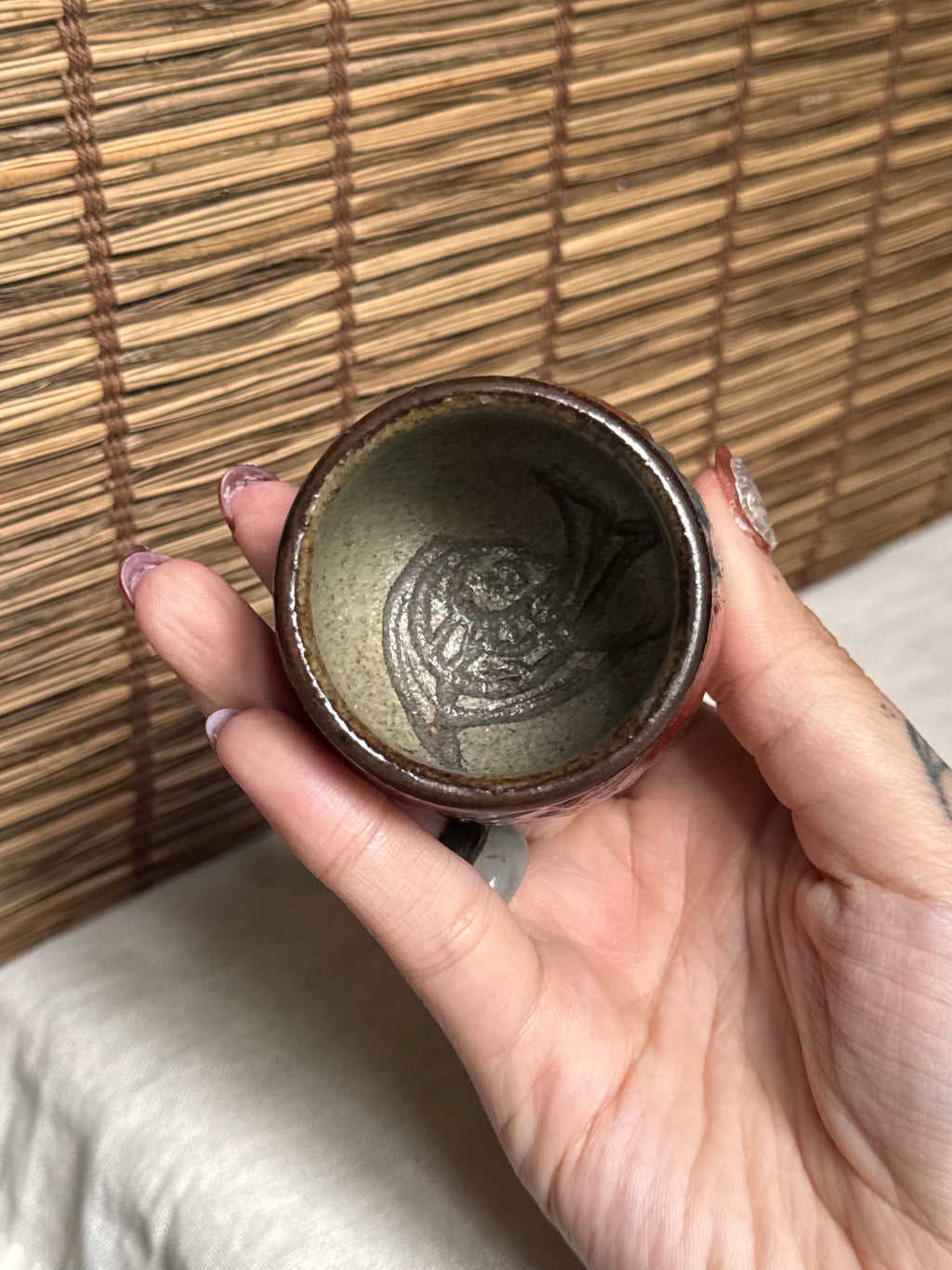 Tsuboya Ware by Kiyomasa Kobashigawa Sake/Tea Cup — Abstract Iron and Copper-Red Glaze, Ryukyu Art