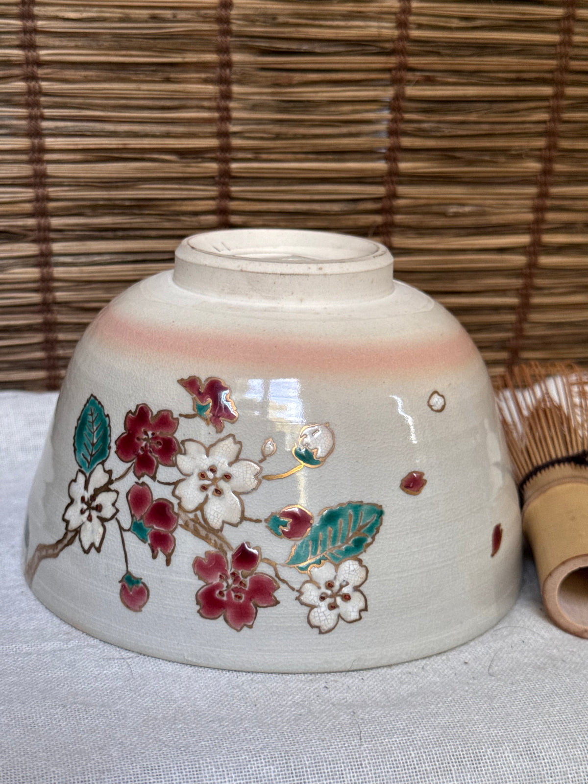 Kiyomizu Kyo-yaki Zenho Matcha Chawan — Hand-Painted Dropping Cherry Blossom, Original Box