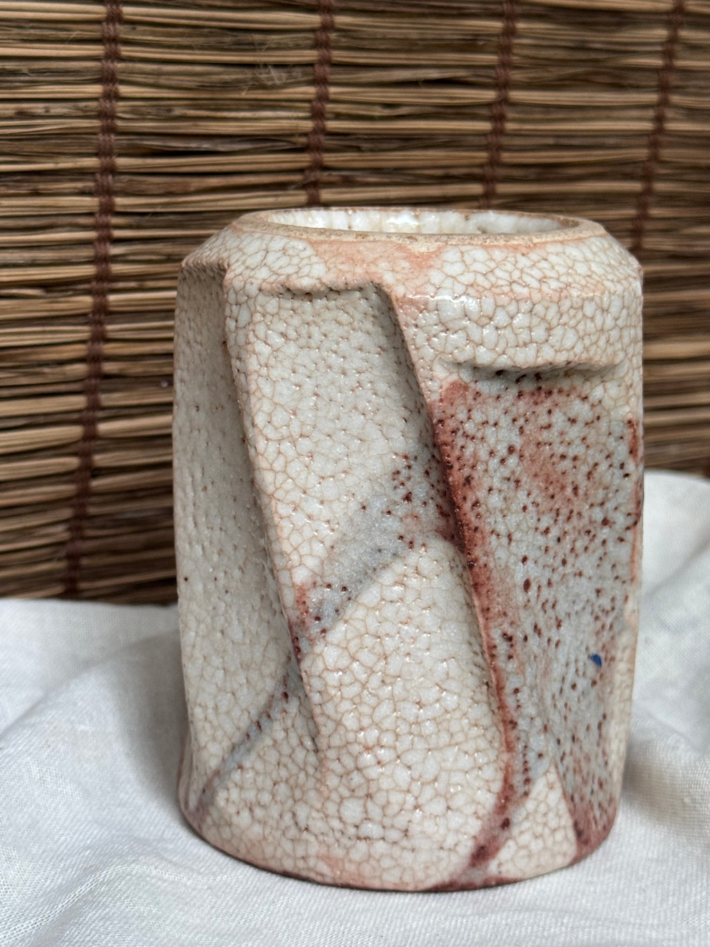 Shino-Yaki Faceted Yunomi Cup, Blush Pink Ash Glaze