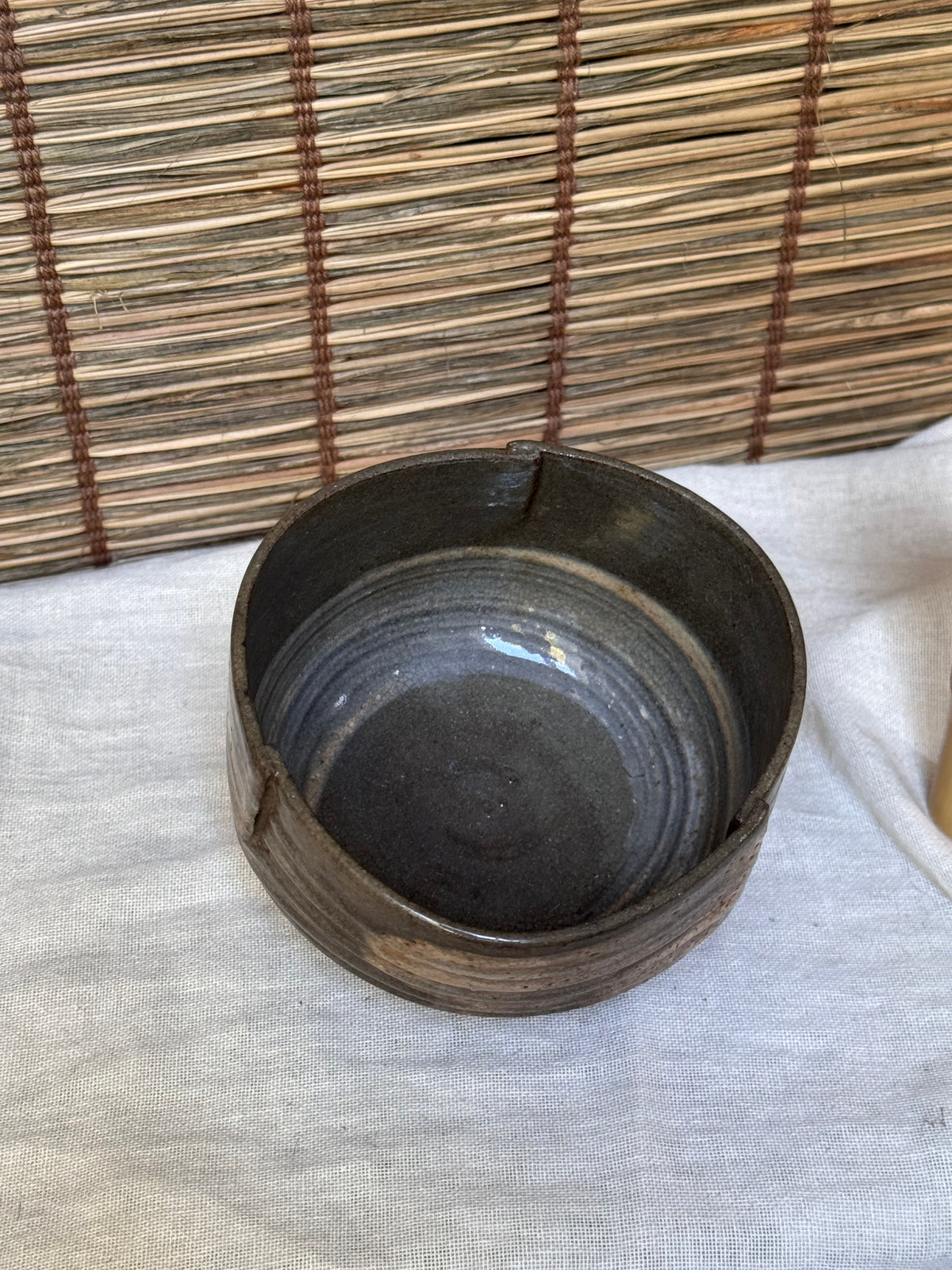 Mini Chawan — Iron Glaze with White Panels, Folded Rim