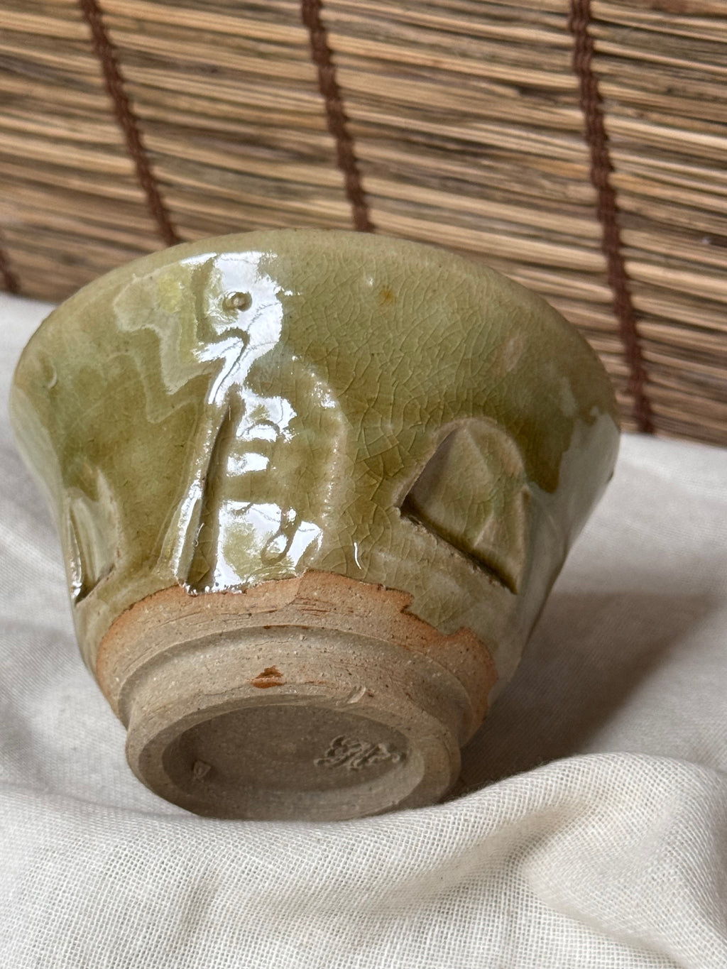 Celadon Cup — Carved Crane, Crackle Glaze, Sealed Base