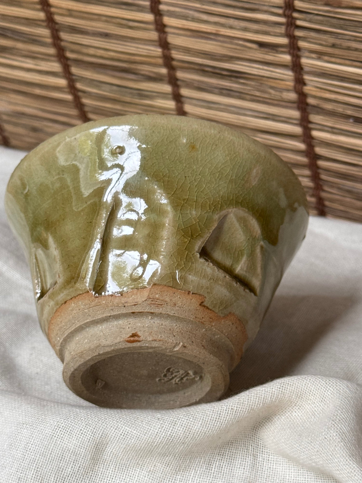 Celadon Cup — Carved Crane, Crackle Glaze, Sealed Base