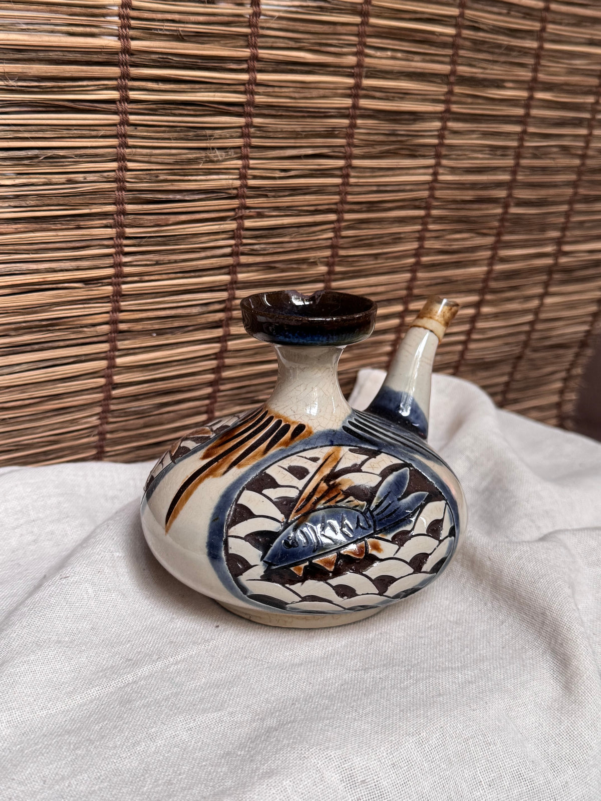 Tsuboya-yaki Hand-Painted Fish Motif Sake Flask