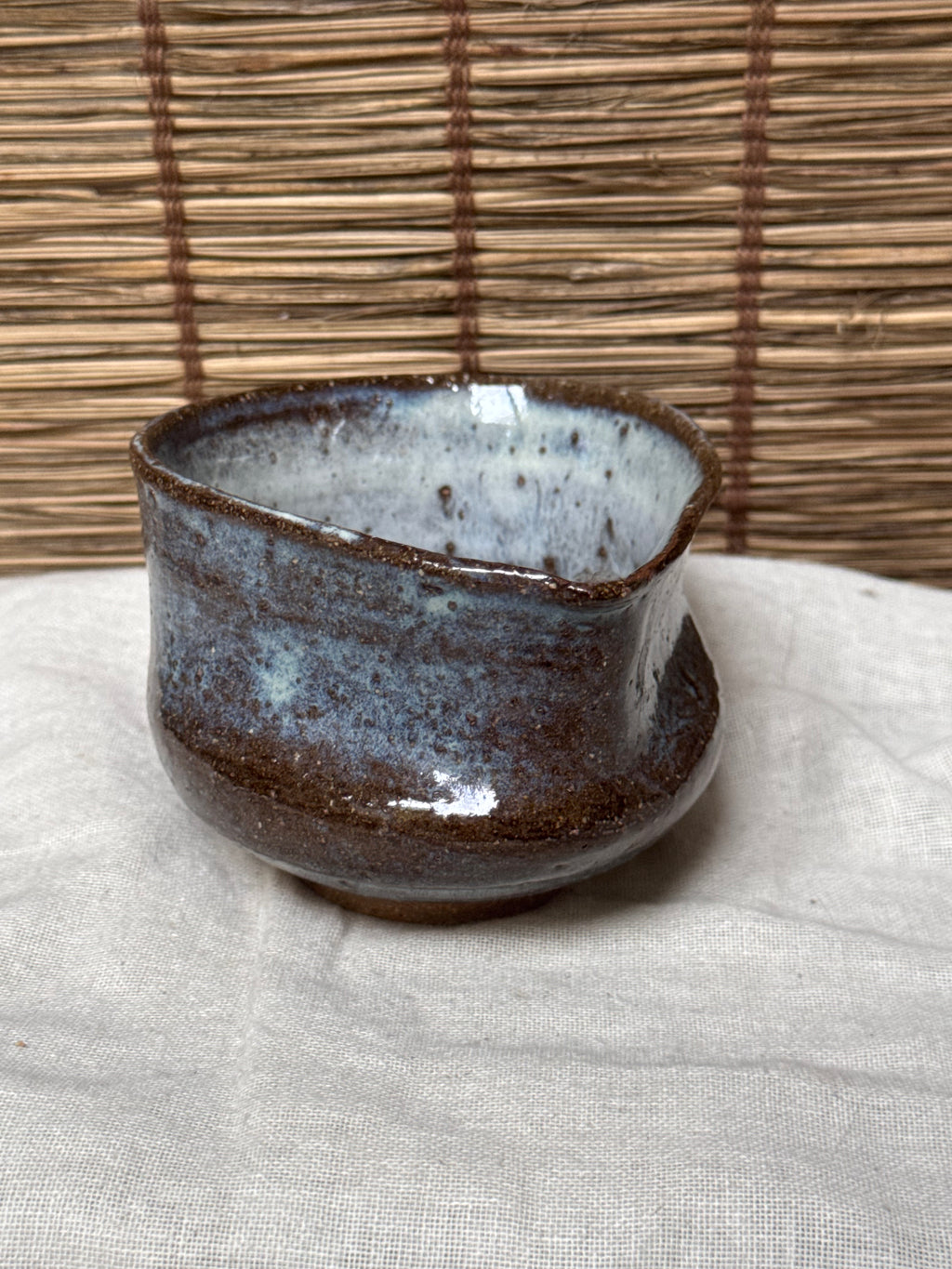 Matcha Chawan (Small)— Blue-White Opalescent Glaze, Iron Clay, Pinched Triangular Rim