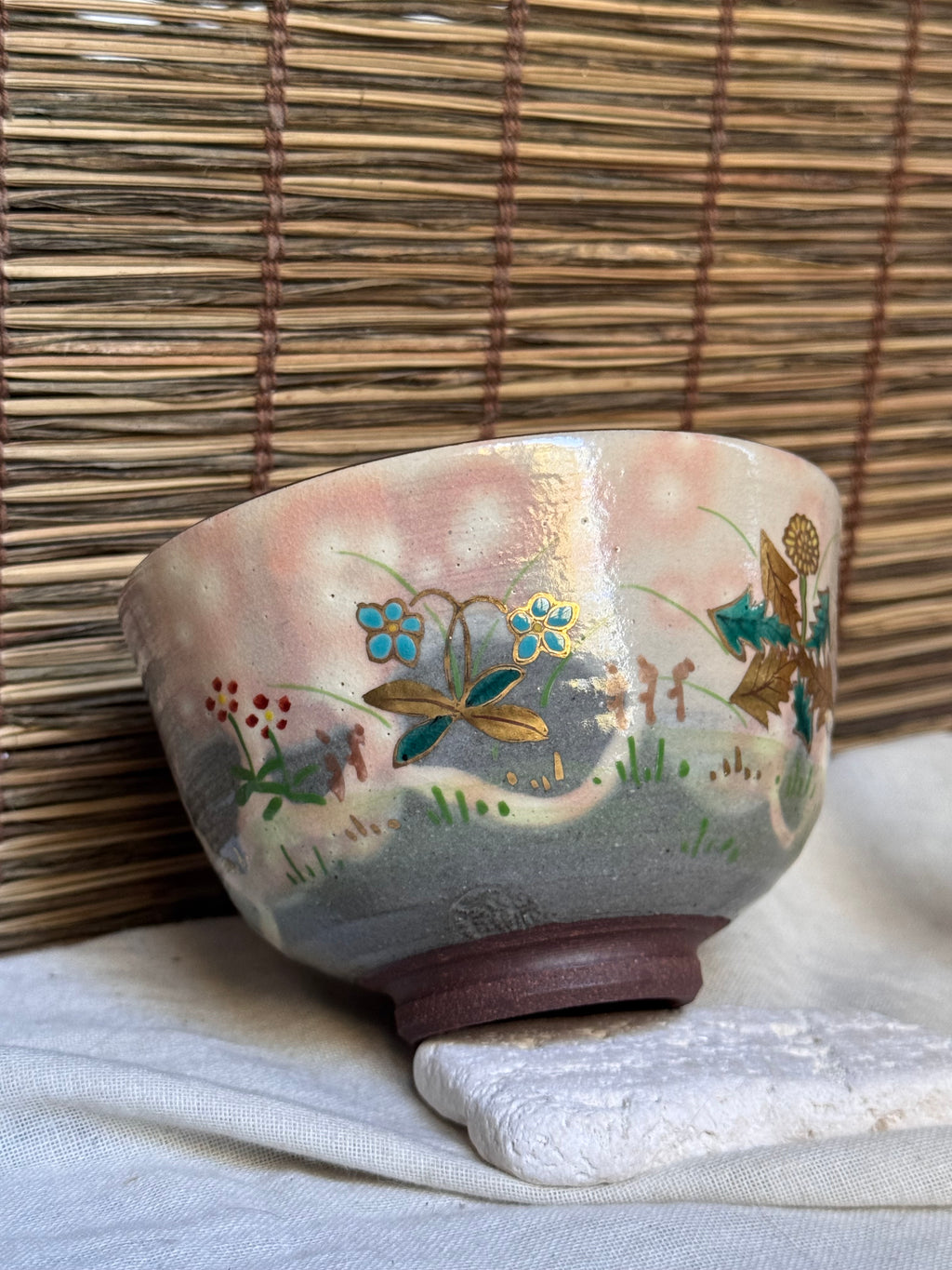 Kyoto Ware Matcha Chawan by Shōkoku (松谷) — Spring Fields in Raised Enamel and Gold, Signed Wooden Box