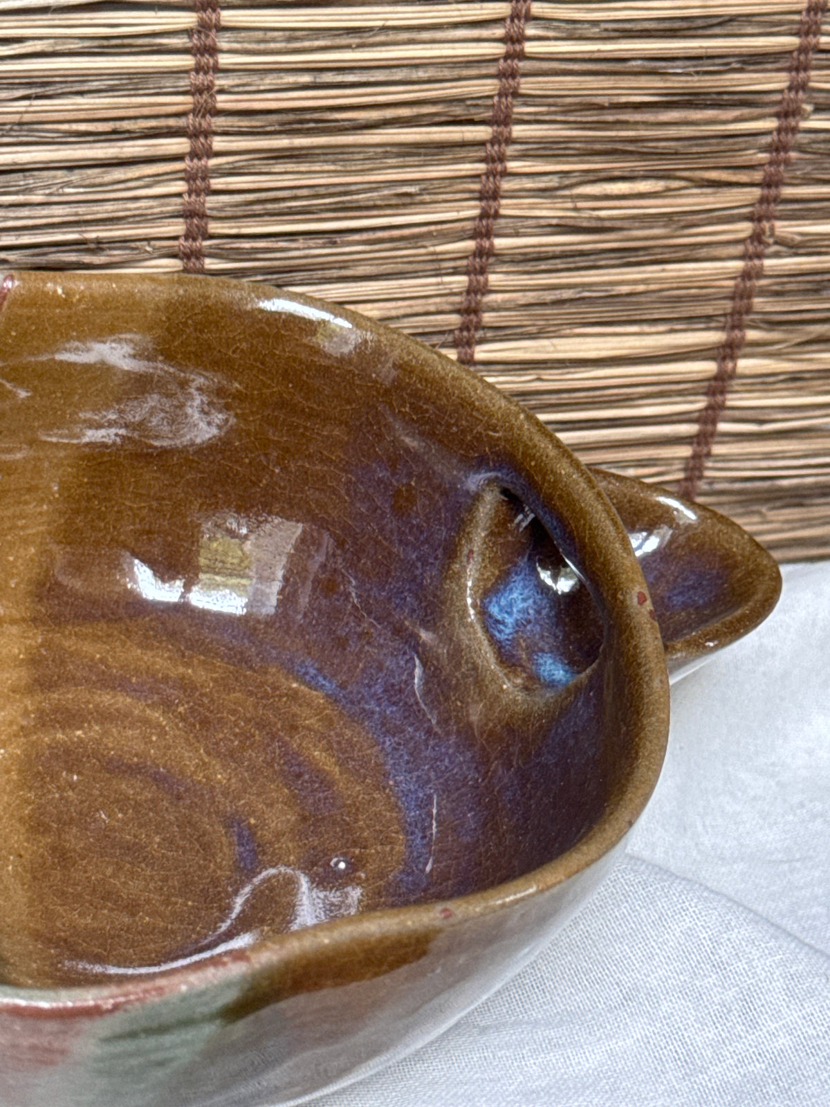 Katakuchi Matcha Bowl — Amber and Green Split Glaze, Blue Opalescence, Impressed Seal