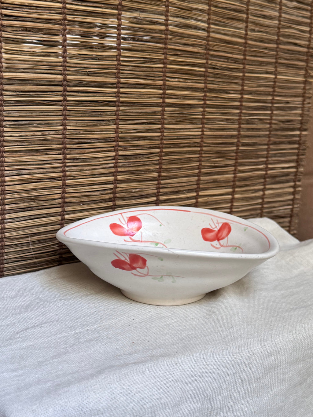 Boat-Shaped Serving Bowl — Hand-Painted Red Blossom Motif, Cream Crackle Glaze