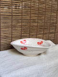 Boat-Shaped Serving Bowl — Hand-Painted Red Blossom Motif, Cream Crackle Glaze